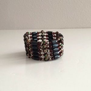 Long magnetic black, purple glass and cloisonné bead choker necklace / bracelet